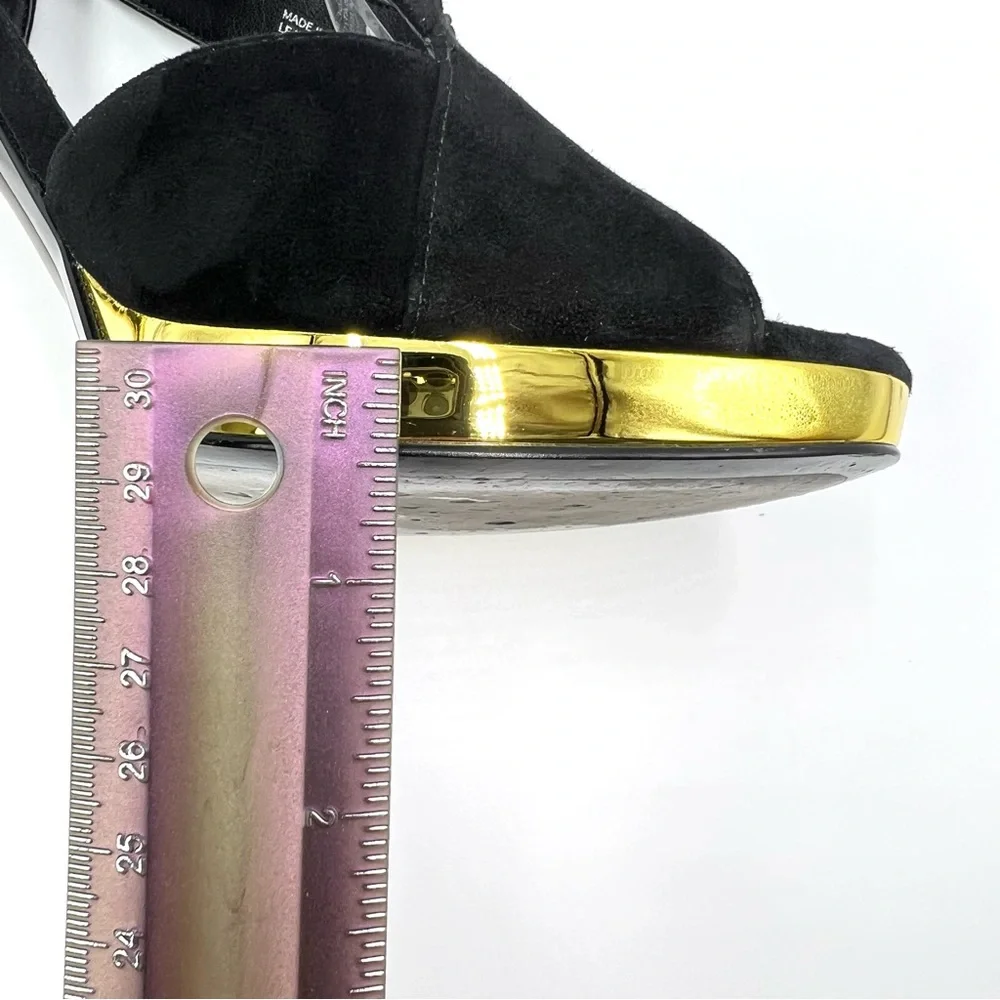 MK‎ Michael Kors Womens Size 9.5 Black Suede Gold Stiletto Platform Heels Shoes